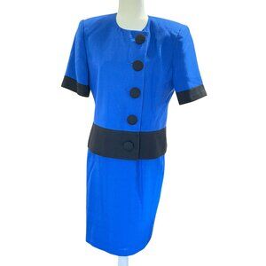 Kasper ASL Blue Black 2 Piece Suit Skirt Top Shoulder Pads Vintage Sz 12